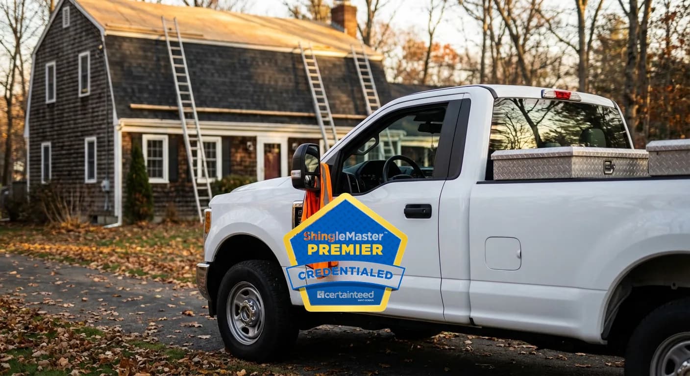 Manufacturer certification badge on a professional roofing company work truck