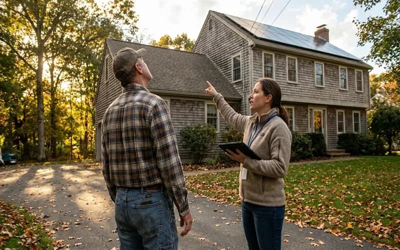 Homeowner consulting with a solar and roofing expert at a kitchen table