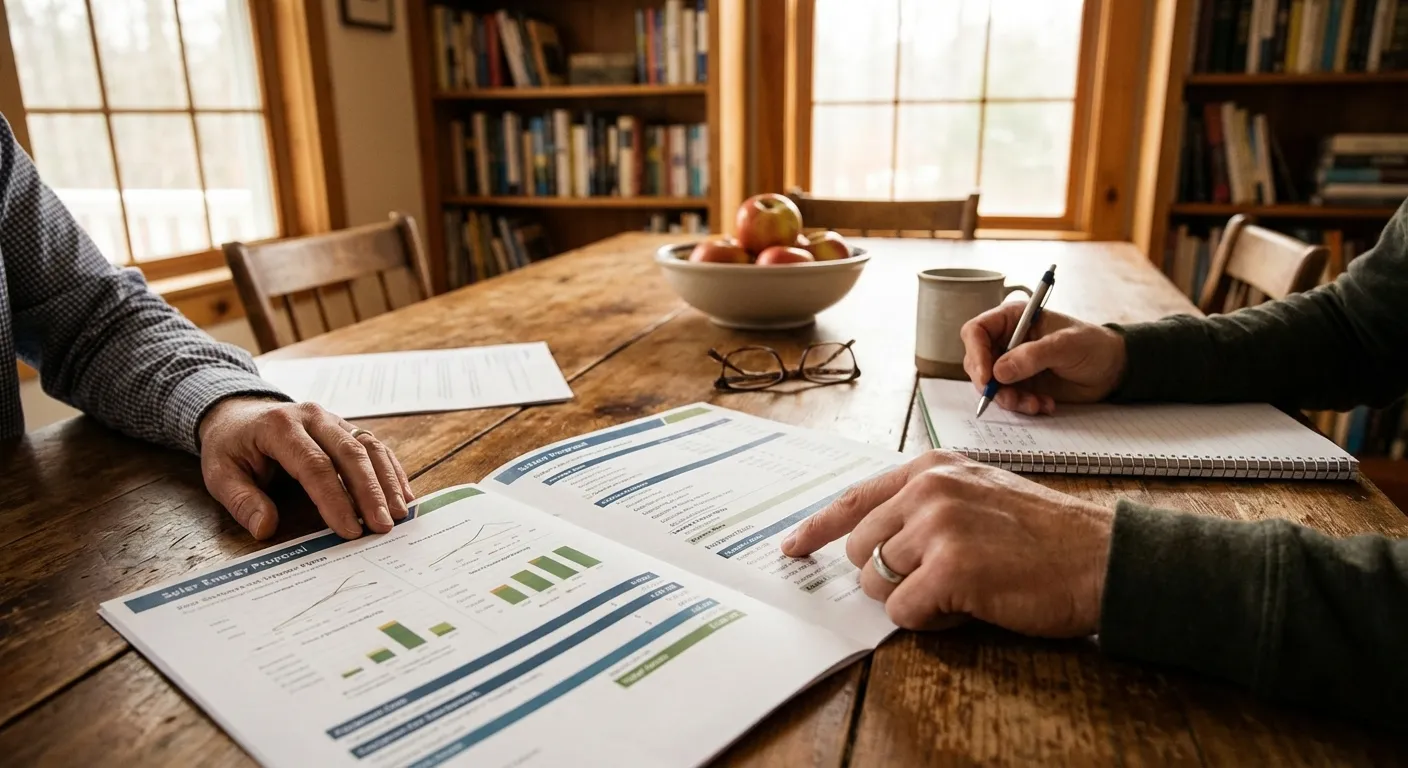 Two people reviewing a detailed solar proposal document at a dining table