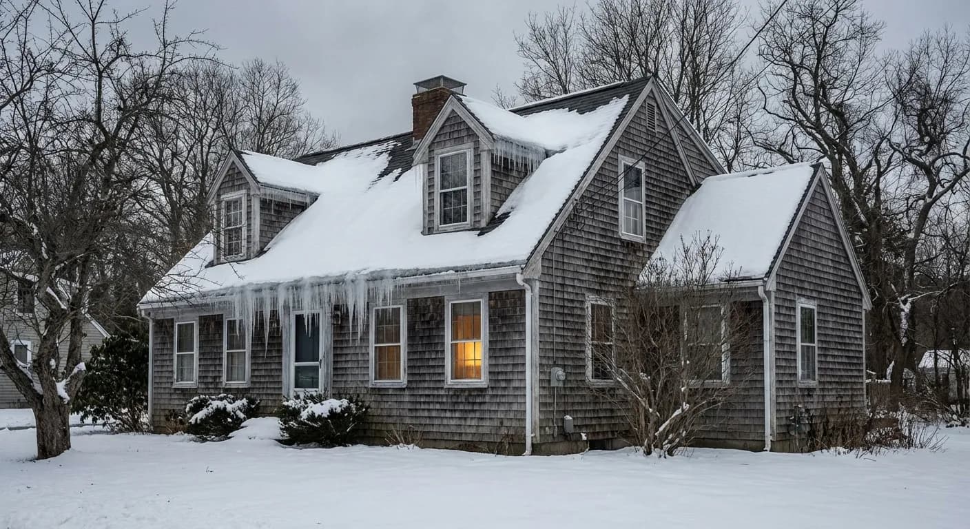 New England Cape Cod home in winter showing ice dam formation and icicles on the roof