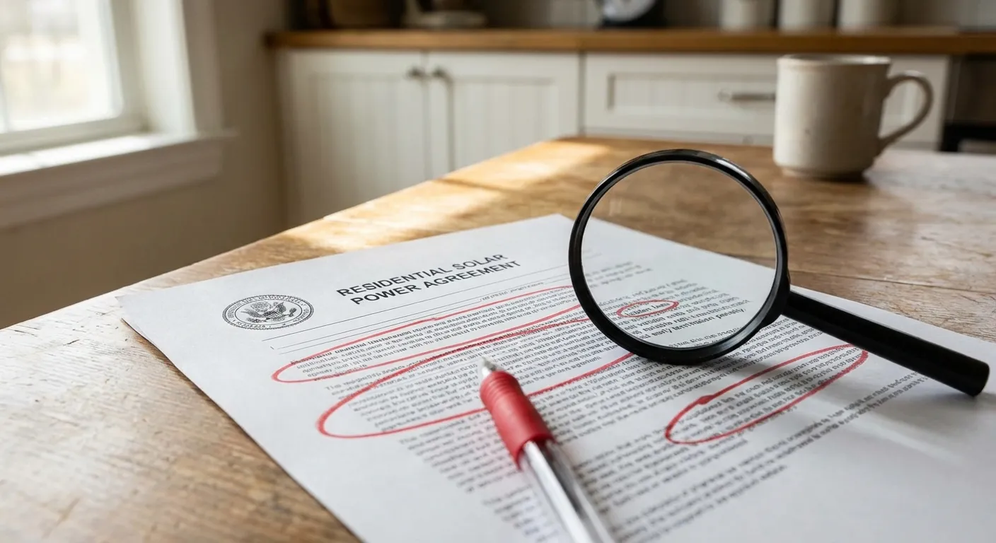 Solar contract with red pen circling suspicious fine print clauses and magnifying glass