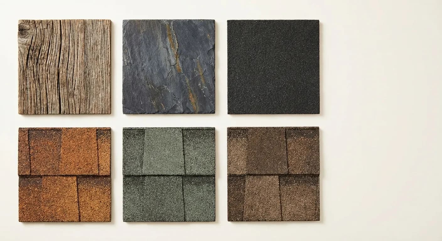 Six architectural shingle samples in different colors arranged in a grid for comparison