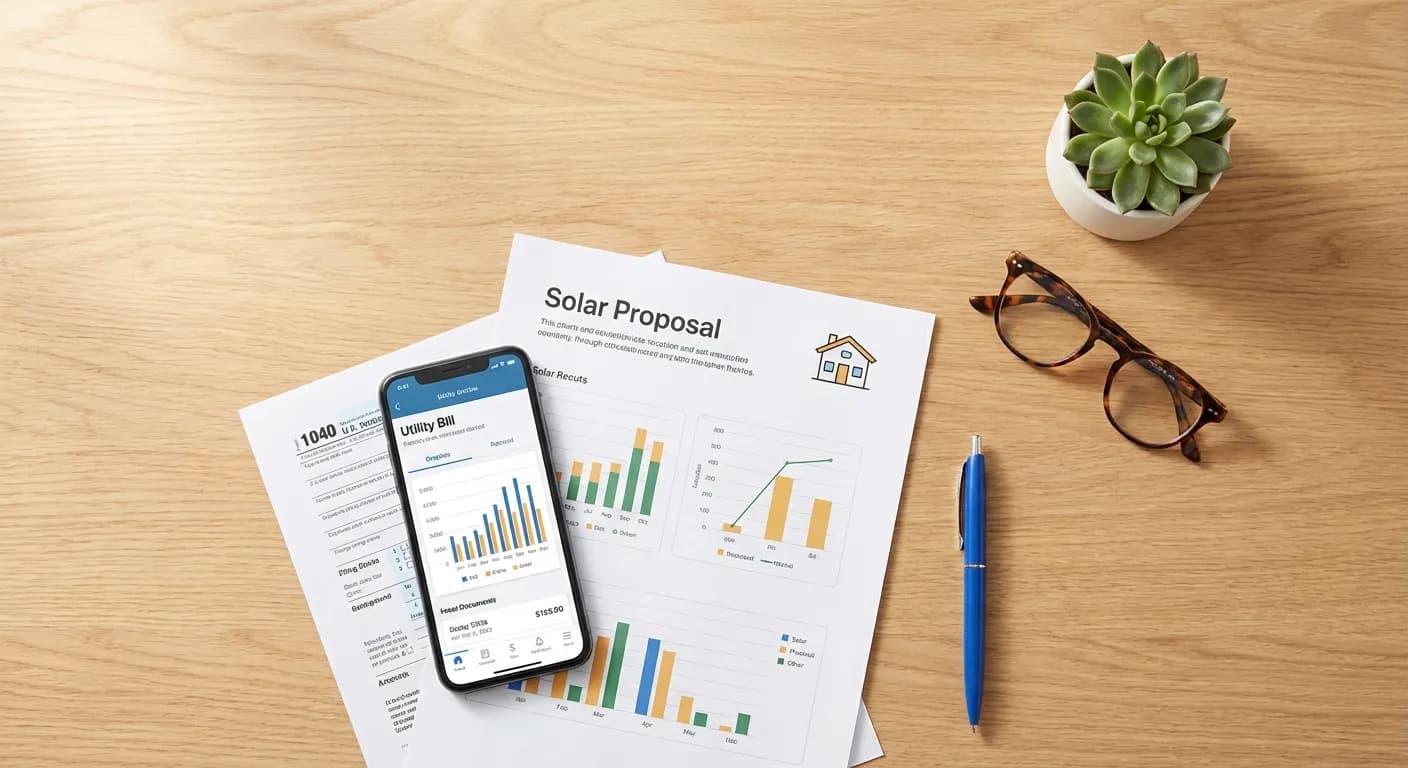 Flat-lay of tax forms, solar proposal, and financial planning materials on a desk