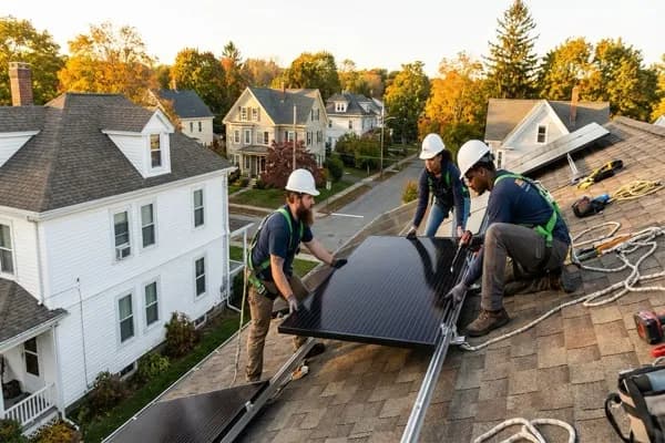 Solar installation crew positioning panels on a New England colonial rooftop