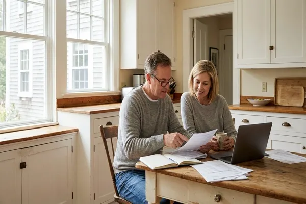 Couple reviewing solar financing paperwork at kitchen table