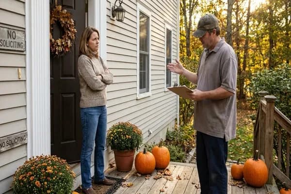 Skeptical homeowner at front door confronting a door-to-door solar salesman on a New England porch