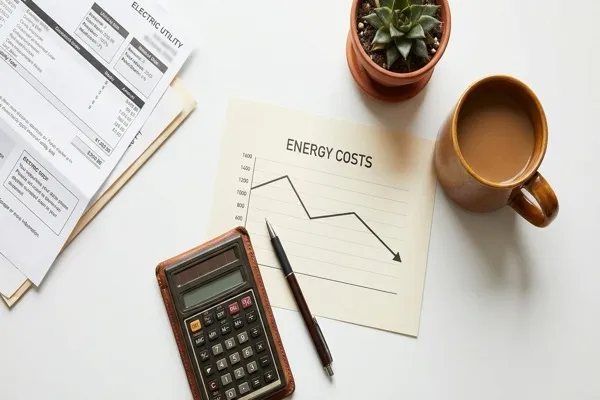 Desk with utility bill, calculator, and energy cost charts