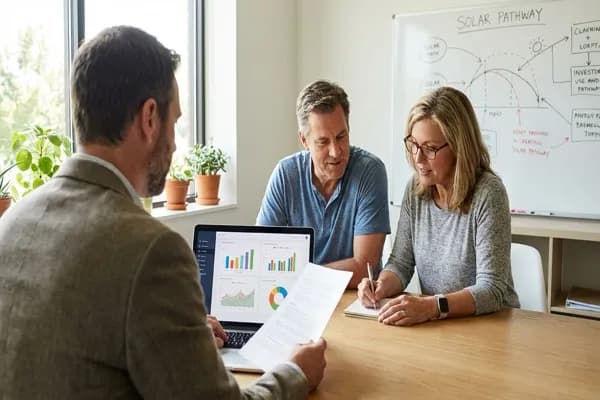 Homeowner couple meeting with a solar consultant reviewing charts and taking notes