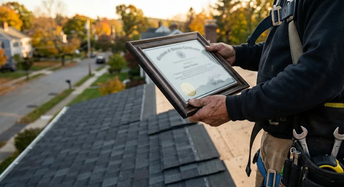 Professional roofer's hands holding a manufacturer certification plaque on a New England residential rooftop
