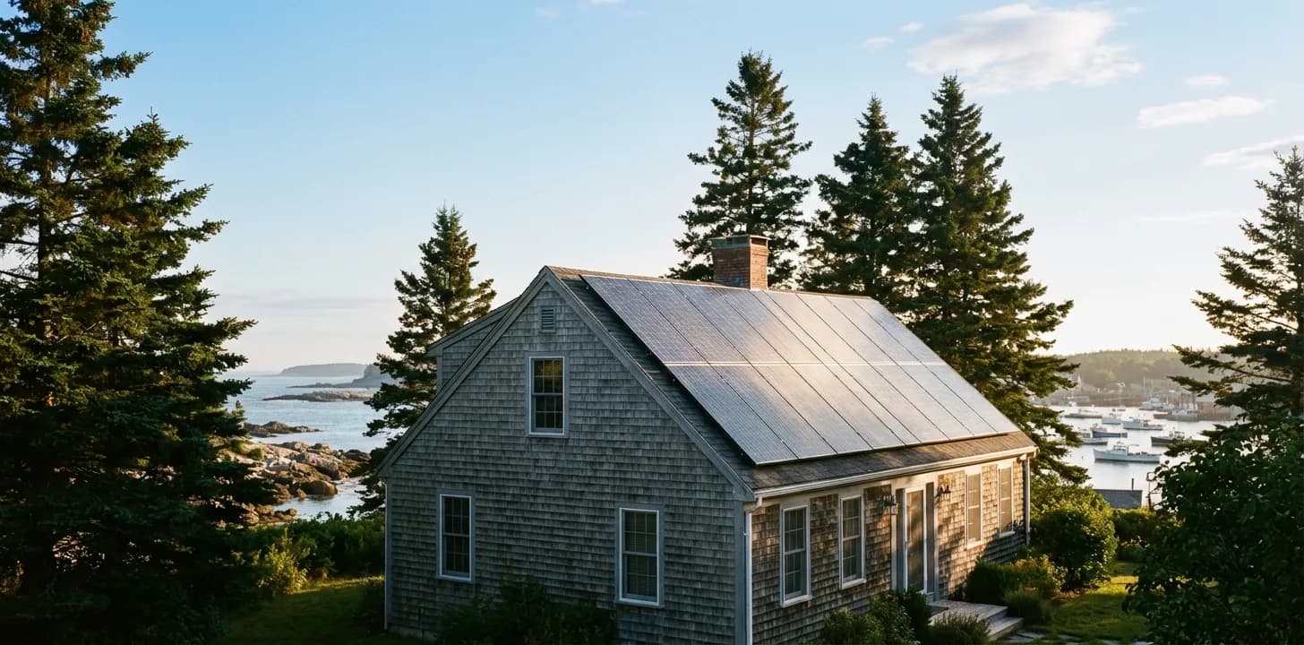 Classic Maine coastal home with solar panels overlooking rocky Atlantic coastline and pine trees