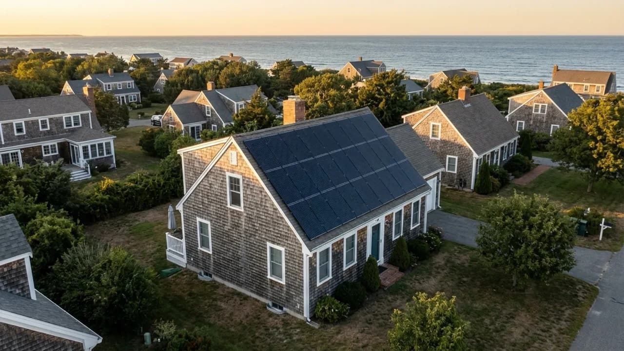 Aerial view of Cape Cod homes with solar panels in a coastal Massachusetts neighborhood