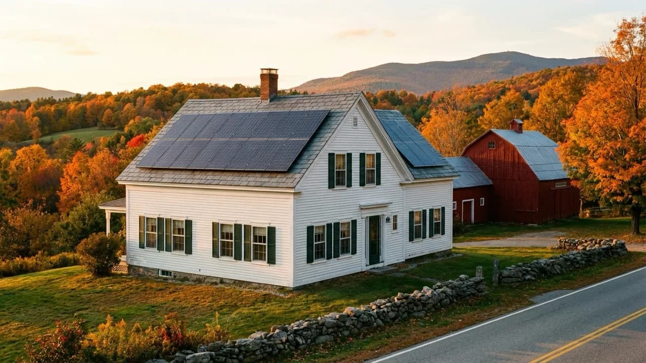 New Hampshire colonial home with solar panels and White Mountains backdrop