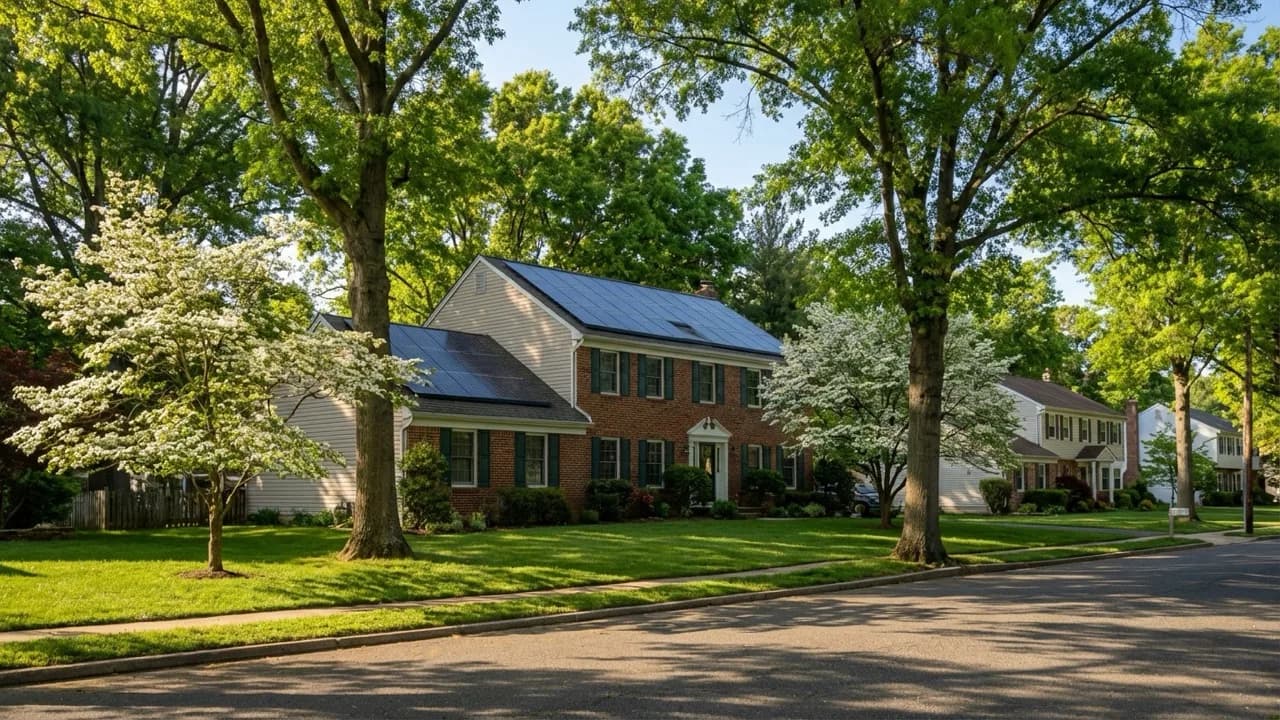 New Jersey suburban home with solar panels in a tree-lined neighborhood