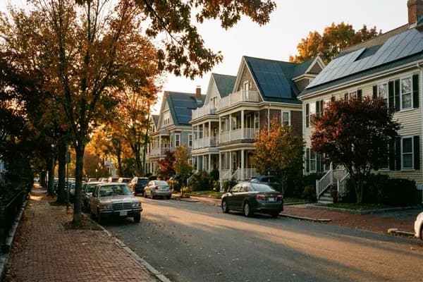 Boston suburb residential street with solar panels on colonial homes