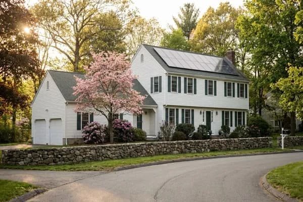 Connecticut suburban colonial home with solar panels on a wooded lot